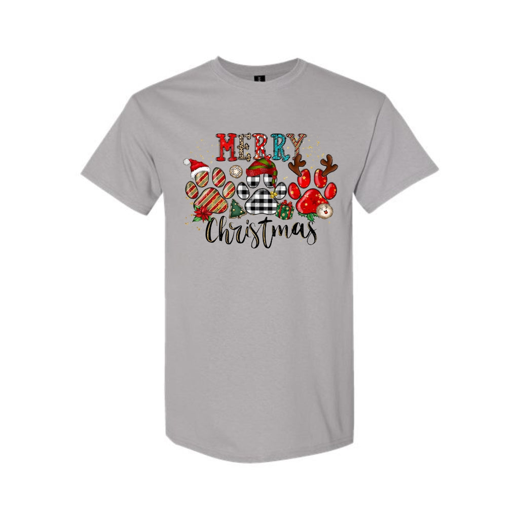 Merry & Furry Tees: Merry Christmas Paw Print Buffalo Plaid Holiday Apparel – Cute Festive Dog Lover Design