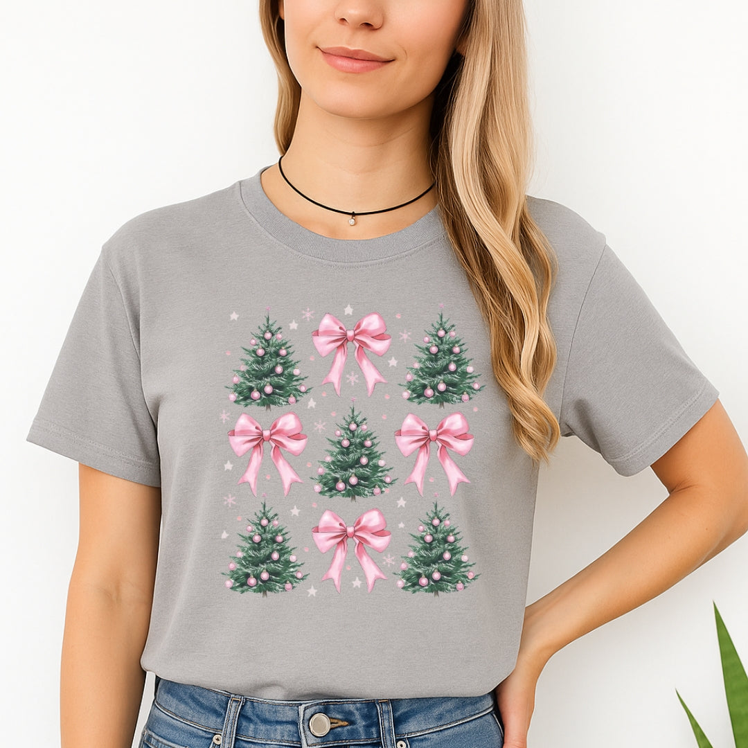 Holiday Shirt -Pink Bow Christmas Trees Graphic