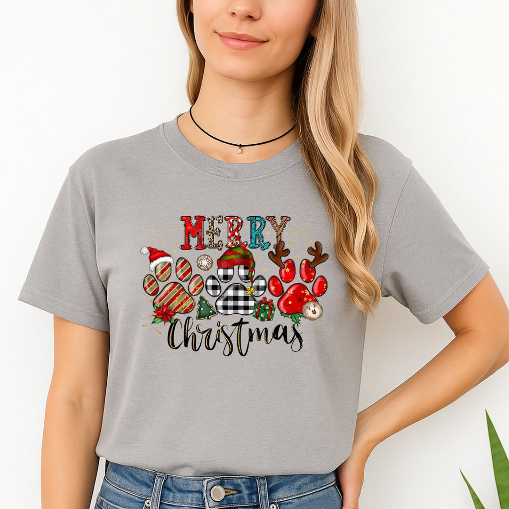 Merry & Furry Tees: Merry Christmas Paw Print Buffalo Plaid Holiday Apparel – Cute Festive Dog Lover Design