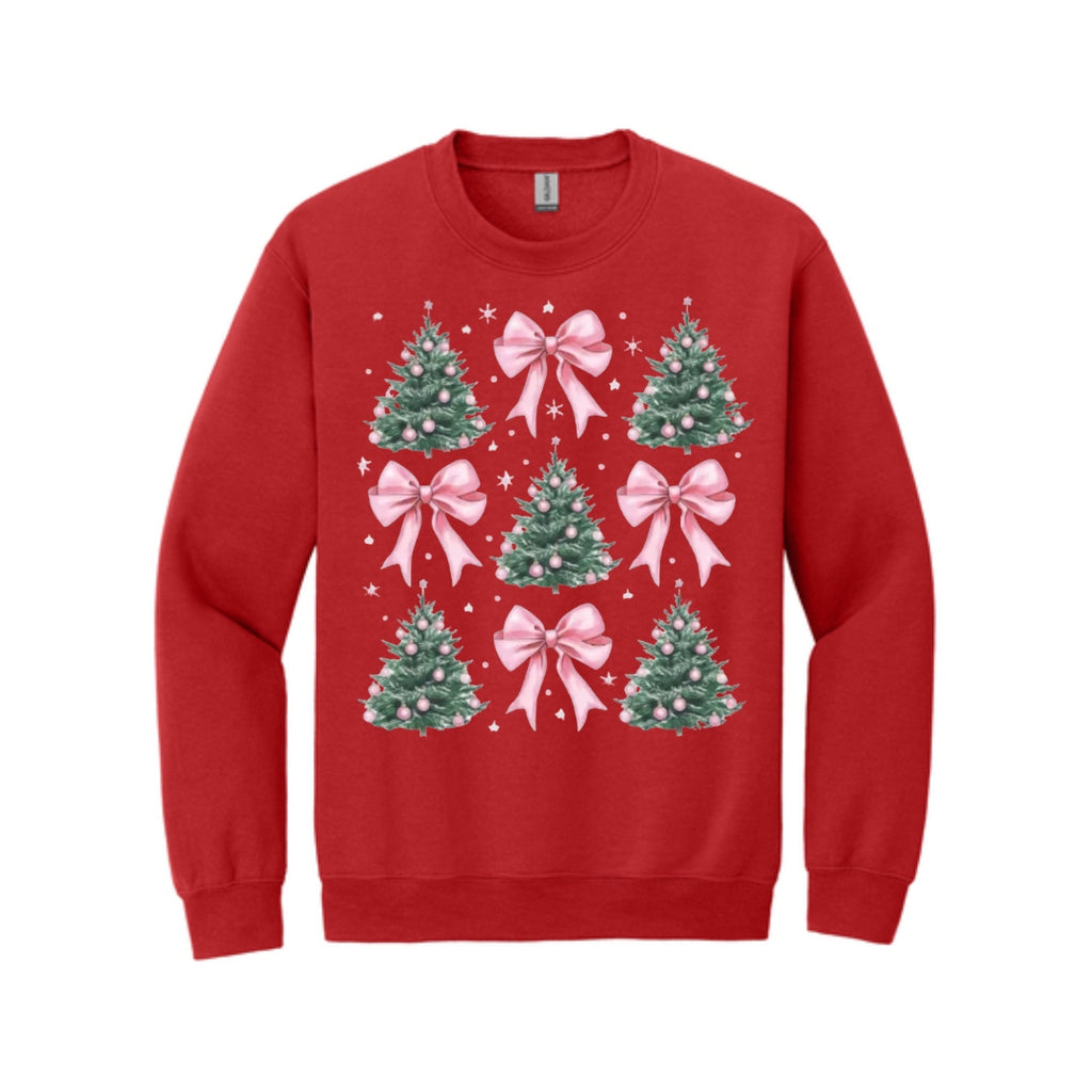 Holiday Crewneck Sweatshirt- Pink Bow Christmas Trees Graphic