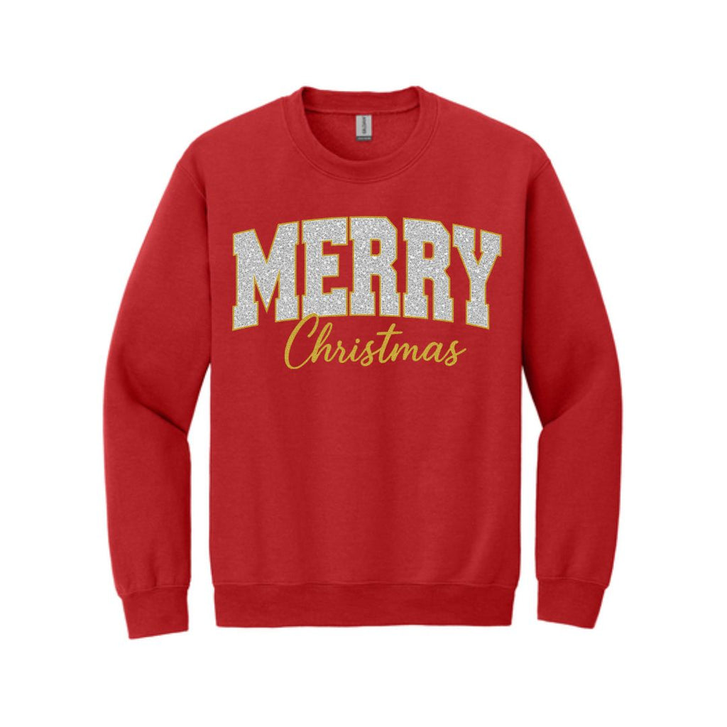 Holiday Crewneck Sweatshirt-“Merry Christmas” Glitter Varsity Design