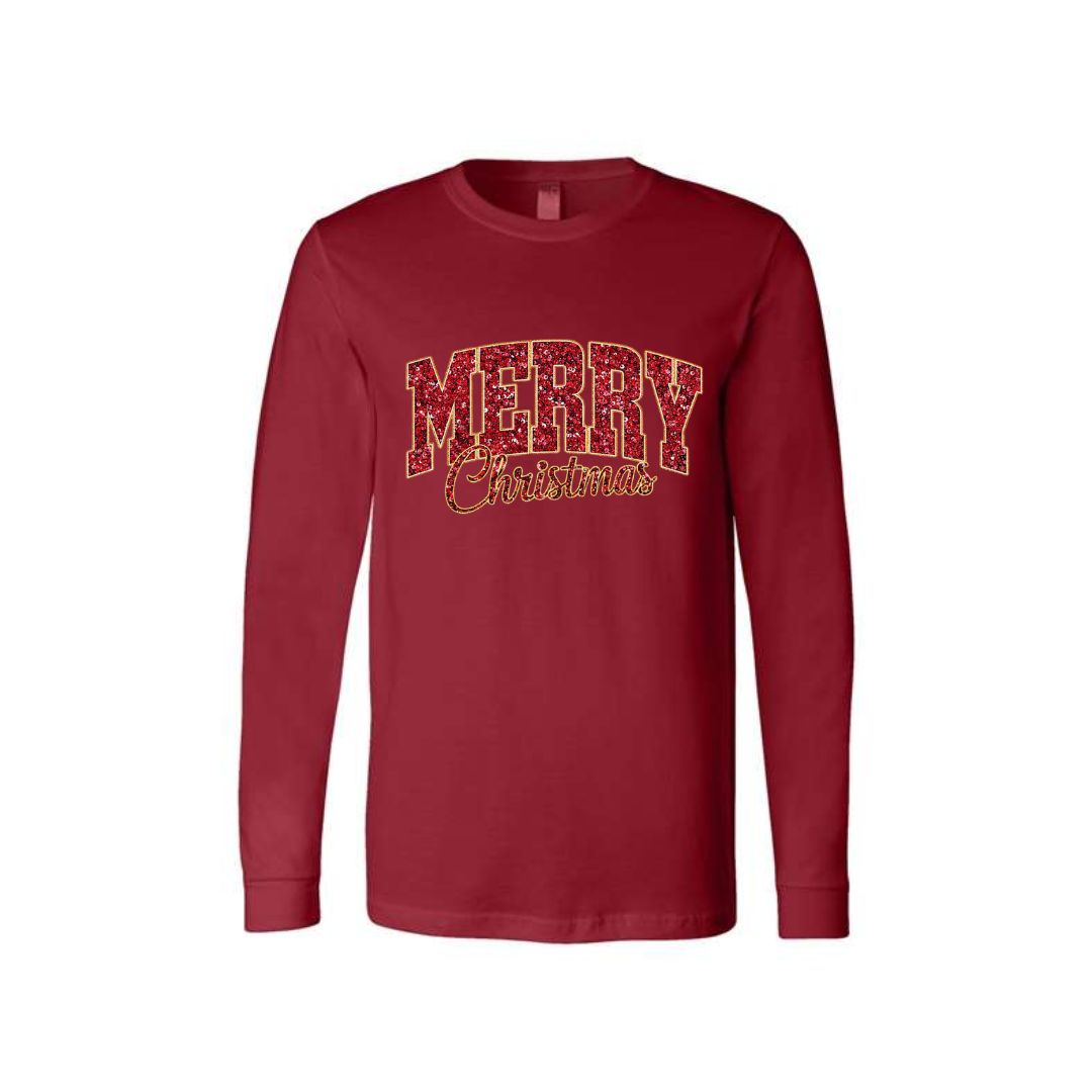 Holiday Long Sleeves- “Merry Christmas” Glitter Varsity Design