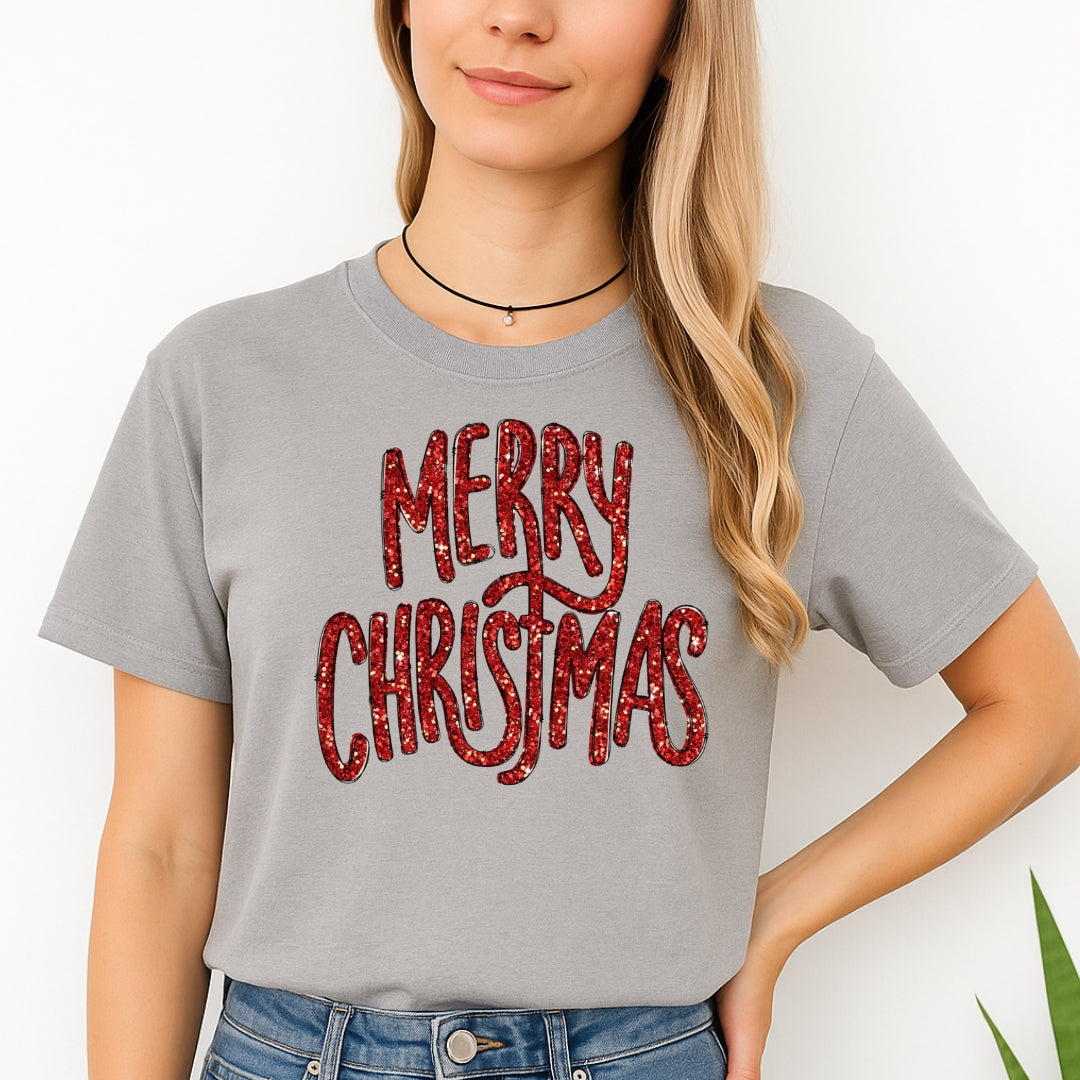 Minimalist Holiday Shirt - “Merry Christmas” Glitter Script Design