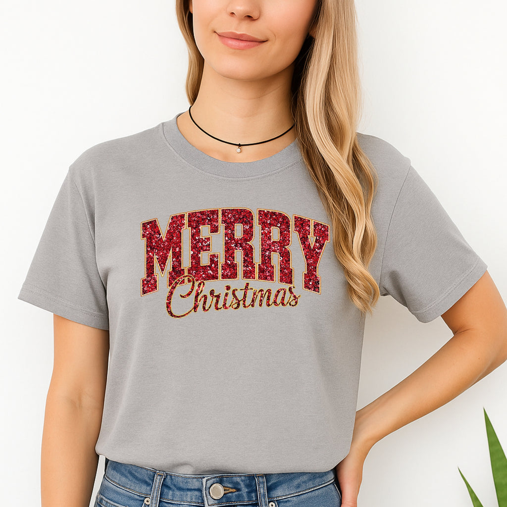Minimalist Holiday Shirt - “Merry Christmas” Glitter Varsity Design