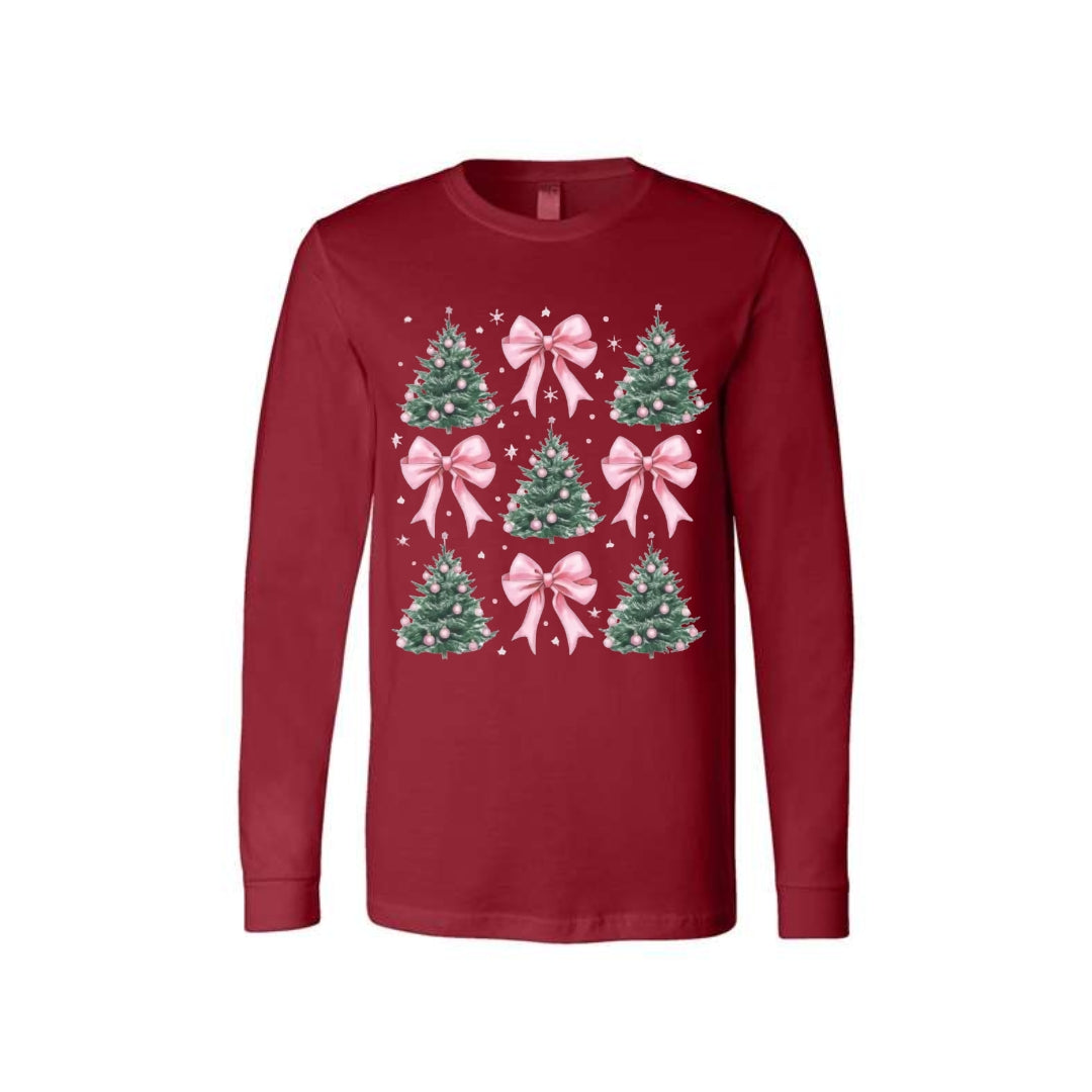 Holiday Long Sleeves-Pink Bow Christmas Trees Graphic