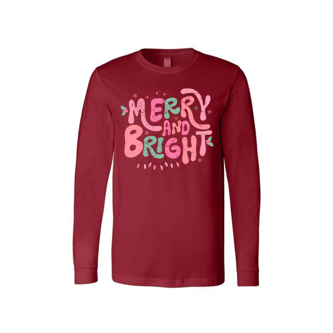 Holiday Long Sleeves-Merry and Bright Pastel Christmas Graphic