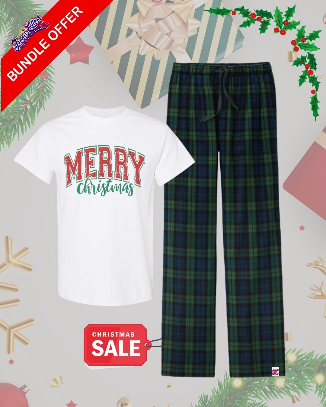 TL Holiday Bundle - “Classic Merry Christmas” Green Tartan Pajama Bundle – Festive Holiday Tee & Cozy Plaid Lounge Pants