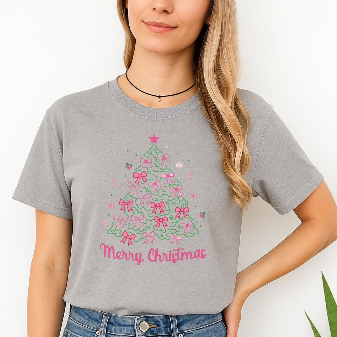 Holiday Shirt -Merry Christmas Pink Bow Tree Graphic