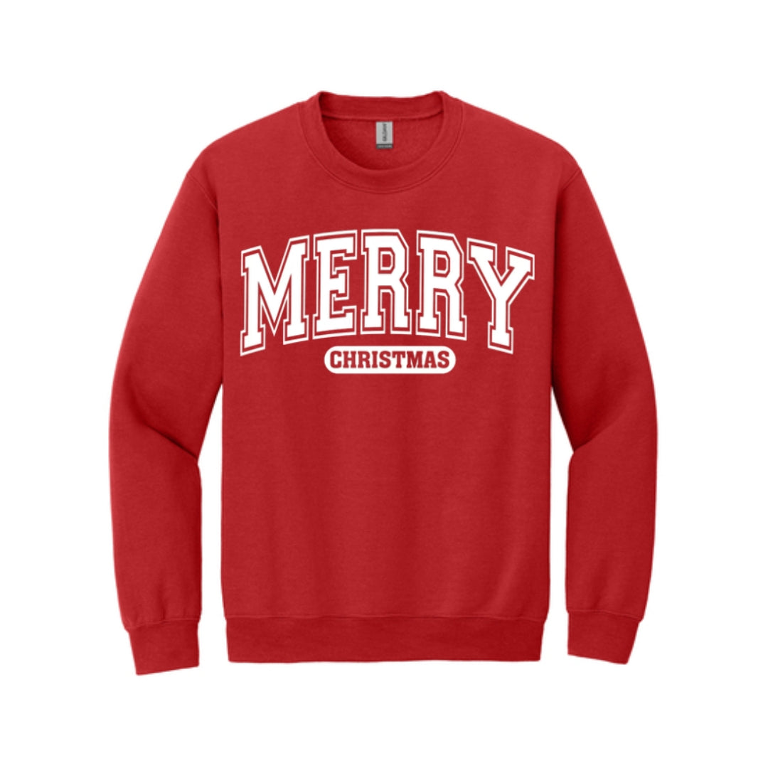 Holiday Crewneck Sweatshirt-Bold “Merry Christmas” Holiday Apparel – Classic Varsity Style Christmas Design