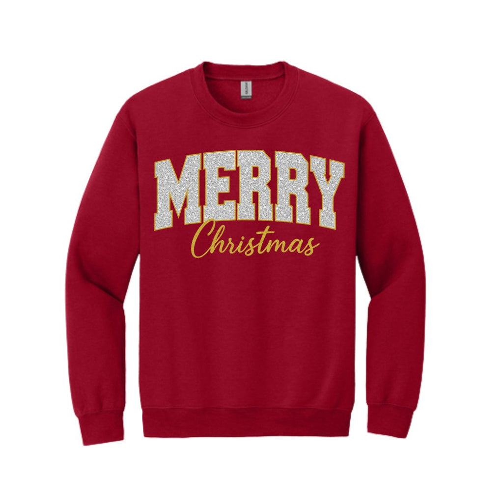 Holiday Crewneck Sweatshirt-“Merry Christmas” Glitter Varsity Design