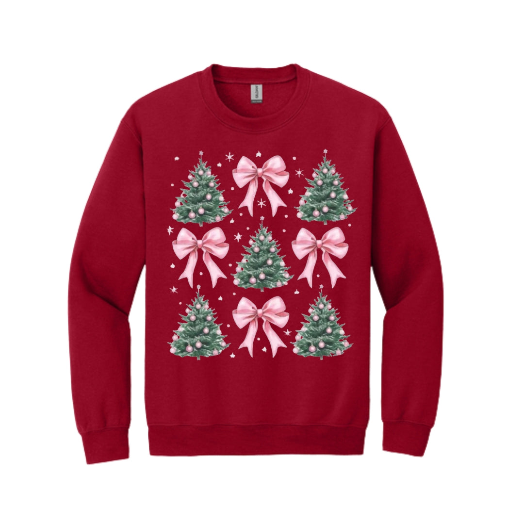 Holiday Crewneck Sweatshirt- Pink Bow Christmas Trees Graphic