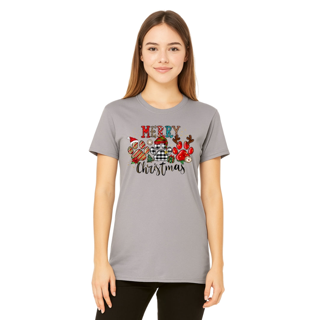 Merry & Furry Tees: Merry Christmas Paw Print Buffalo Plaid Holiday Apparel – Cute Festive Dog Lover Design