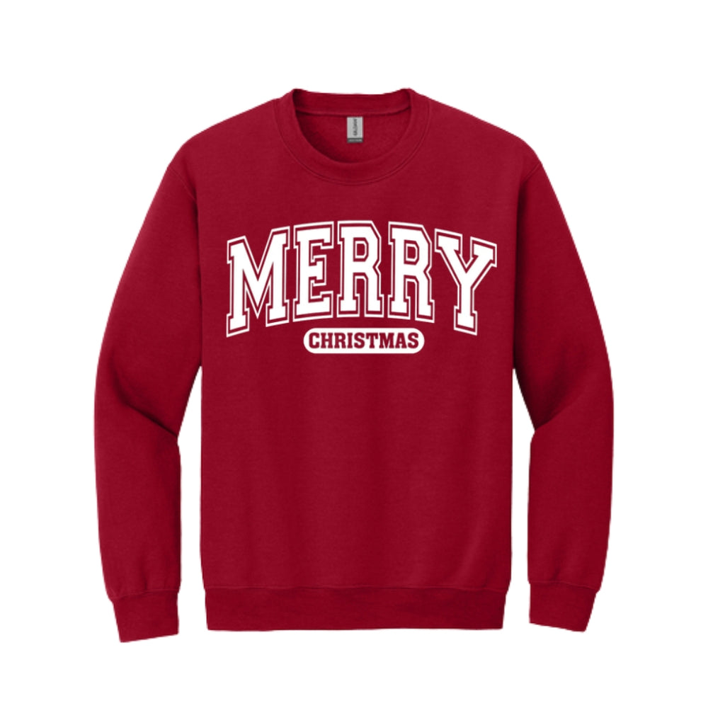 Holiday Crewneck Sweatshirt-Bold “Merry Christmas” Holiday Apparel – Classic Varsity Style Christmas Design