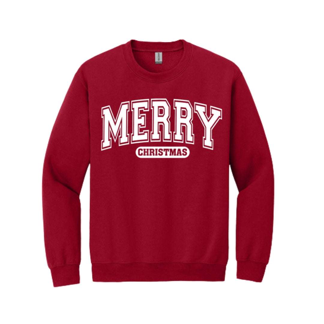 Holiday Crewneck Sweatshirt-Bold “Merry Christmas” Holiday Apparel – Classic Varsity Style Christmas Design
