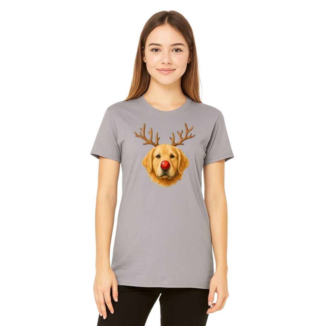 Merry & Furry Tees:Reindeer Golden Retriever Christmas Design – Cute Holiday Dog Graphic