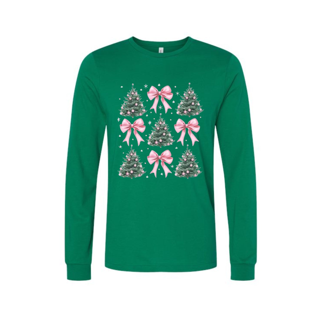 Holiday Long Sleeves-Pink Bow Christmas Trees Graphic