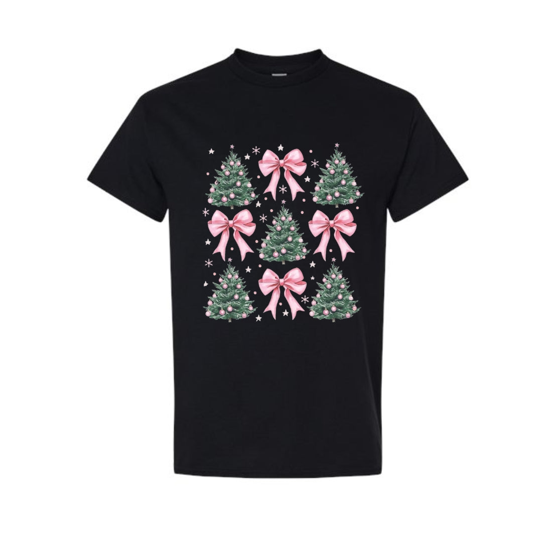 Holiday Shirt -Pink Bow Christmas Trees Graphic