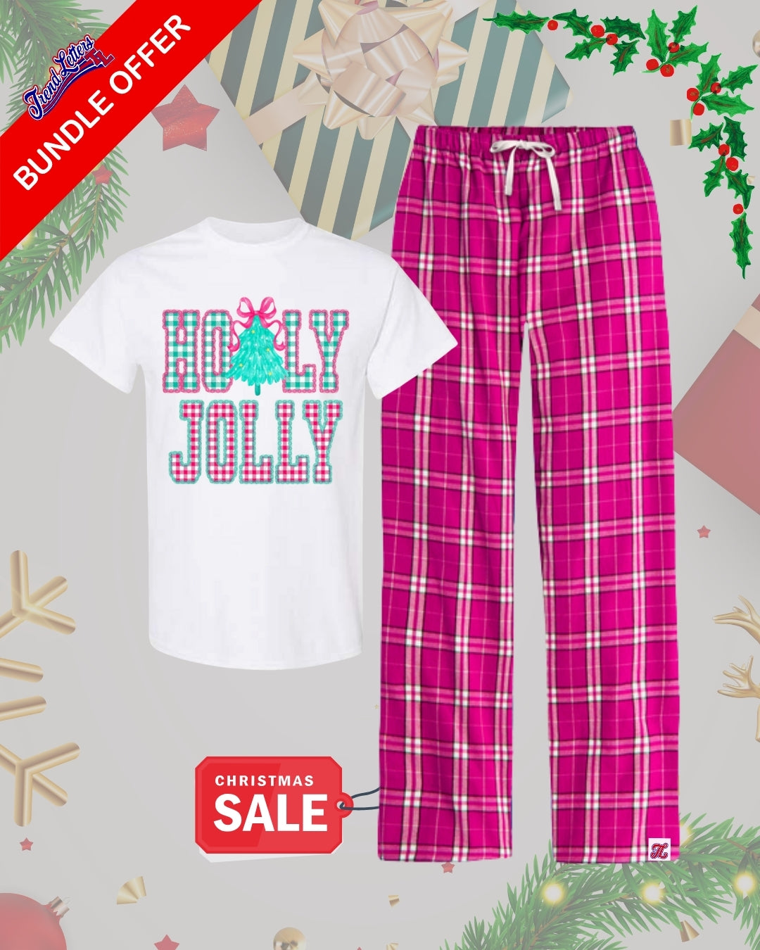 TL Holiday Bundle - “Holly Jolly Pink Plaid” Christmas Pajama Bundle – Festive Holiday Tee & Cozy Magenta Tartan Lounge Pants