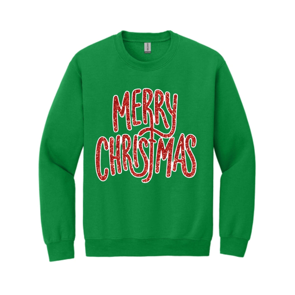 Holiday Crewneck Sweatshirt-“Merry Christmas” Glitter Script Design