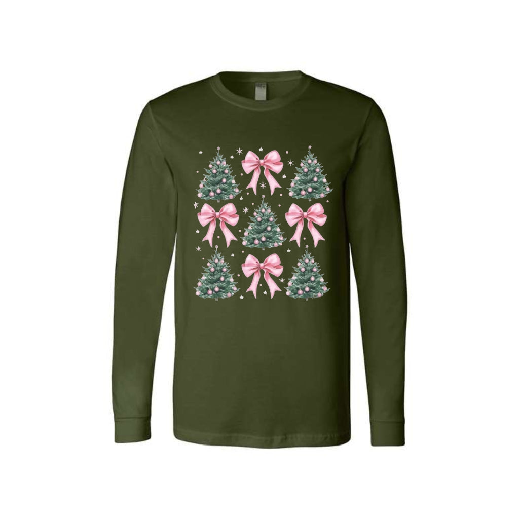 Holiday Long Sleeves-Pink Bow Christmas Trees Graphic