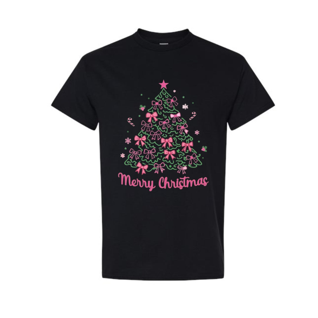 Holiday Shirt -Merry Christmas Pink Bow Tree Graphic