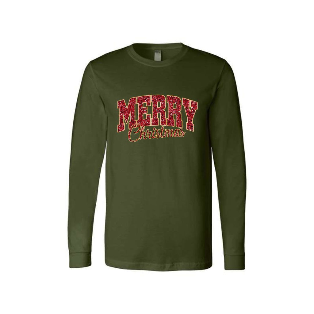 Holiday Long Sleeves- “Merry Christmas” Glitter Varsity Design
