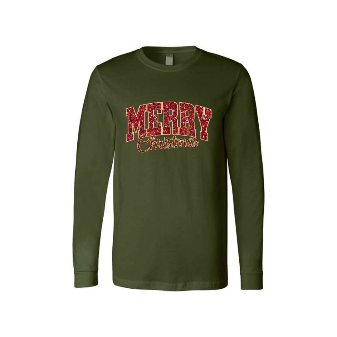 Holiday Long Sleeves- “Merry Christmas” Glitter Varsity Design