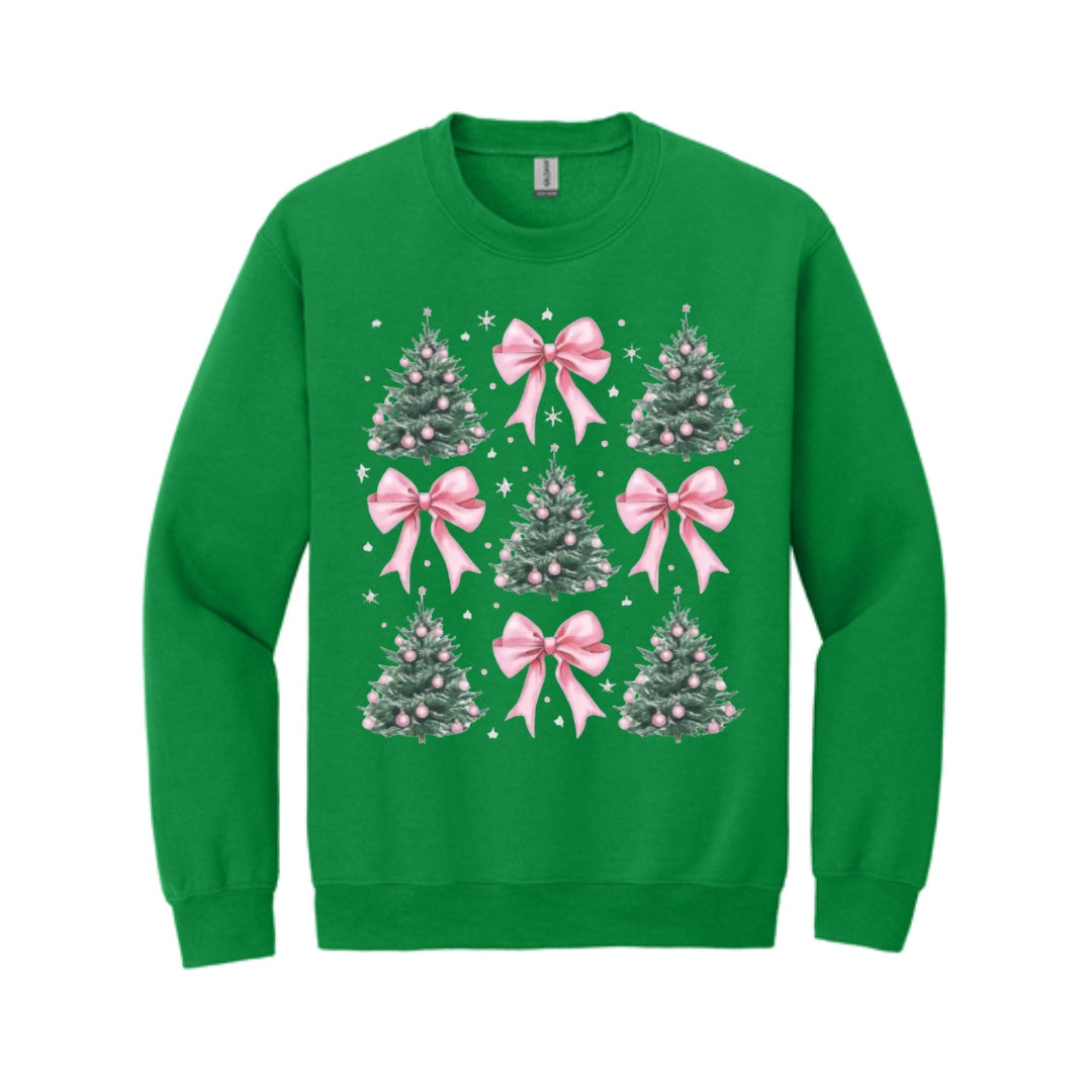Holiday Crewneck Sweatshirt- Pink Bow Christmas Trees Graphic
