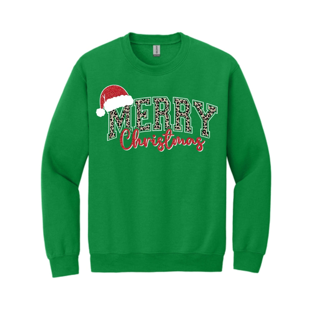 Holiday Crewneck Sweatshirt- “Merry Christmas” Leopard Santa Design