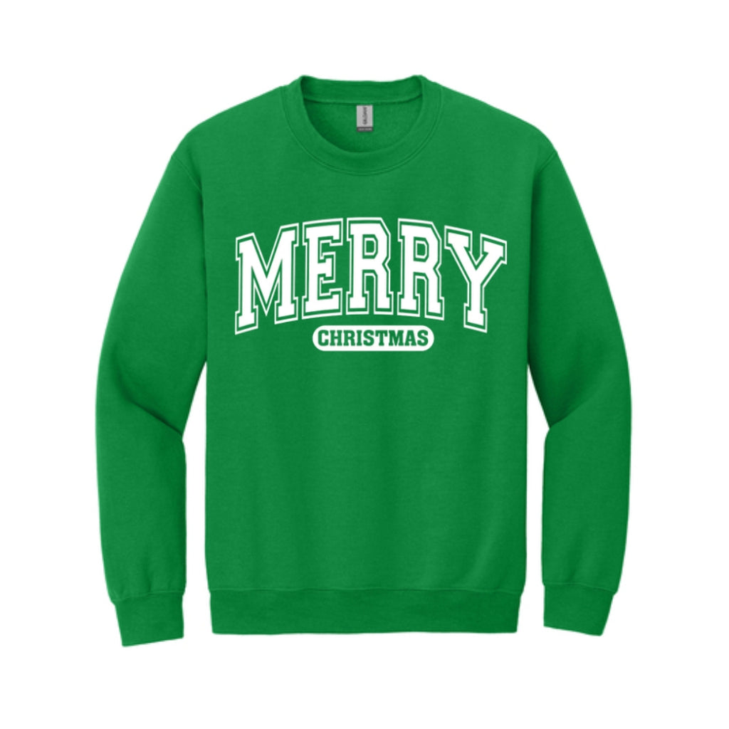 Holiday Crewneck Sweatshirt-Bold “Merry Christmas” Holiday Apparel – Classic Varsity Style Christmas Design