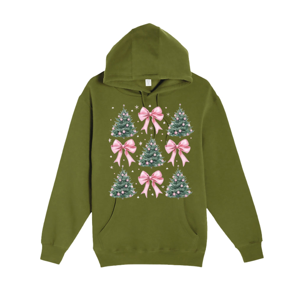 HOLIDAY HOODIE-Pink Bow Christmas Trees Graphic