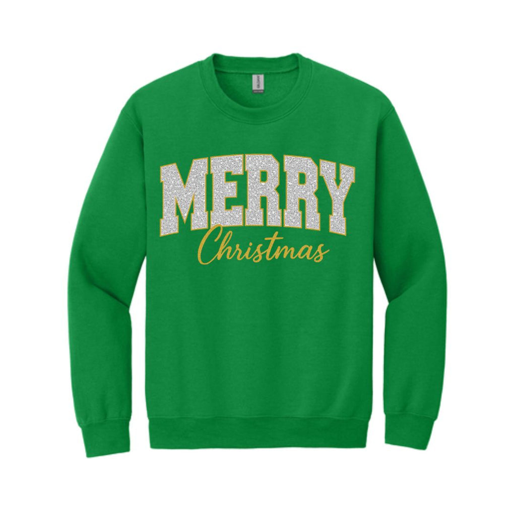 Holiday Crewneck Sweatshirt-“Merry Christmas” Glitter Varsity Design