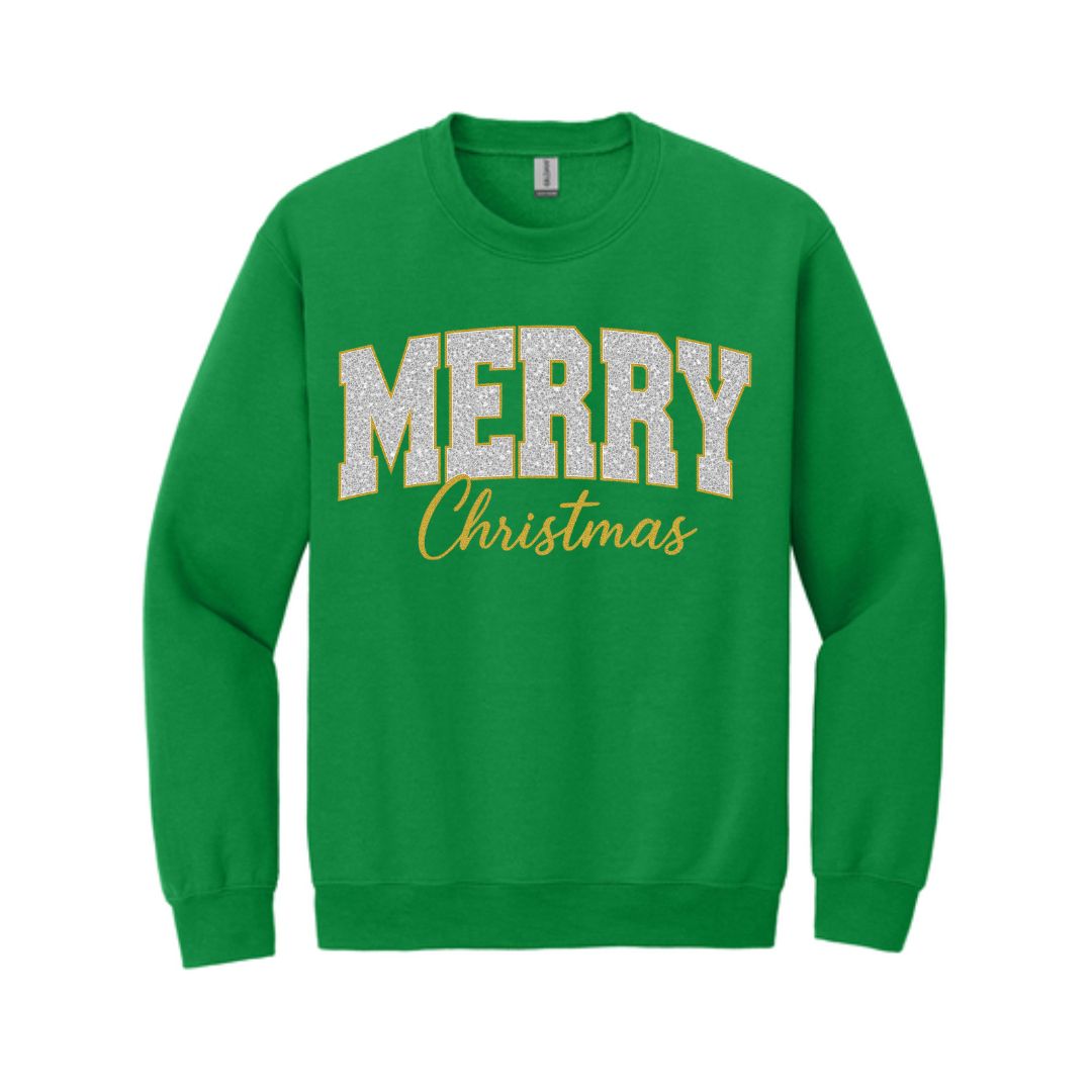 Holiday Crewneck Sweatshirt-“Merry Christmas” Glitter Varsity Design