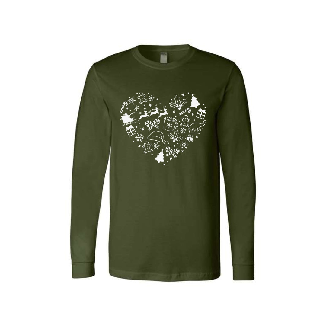 Minimalist Holiday Long Sleeves- Festive Heart Christmas Icons