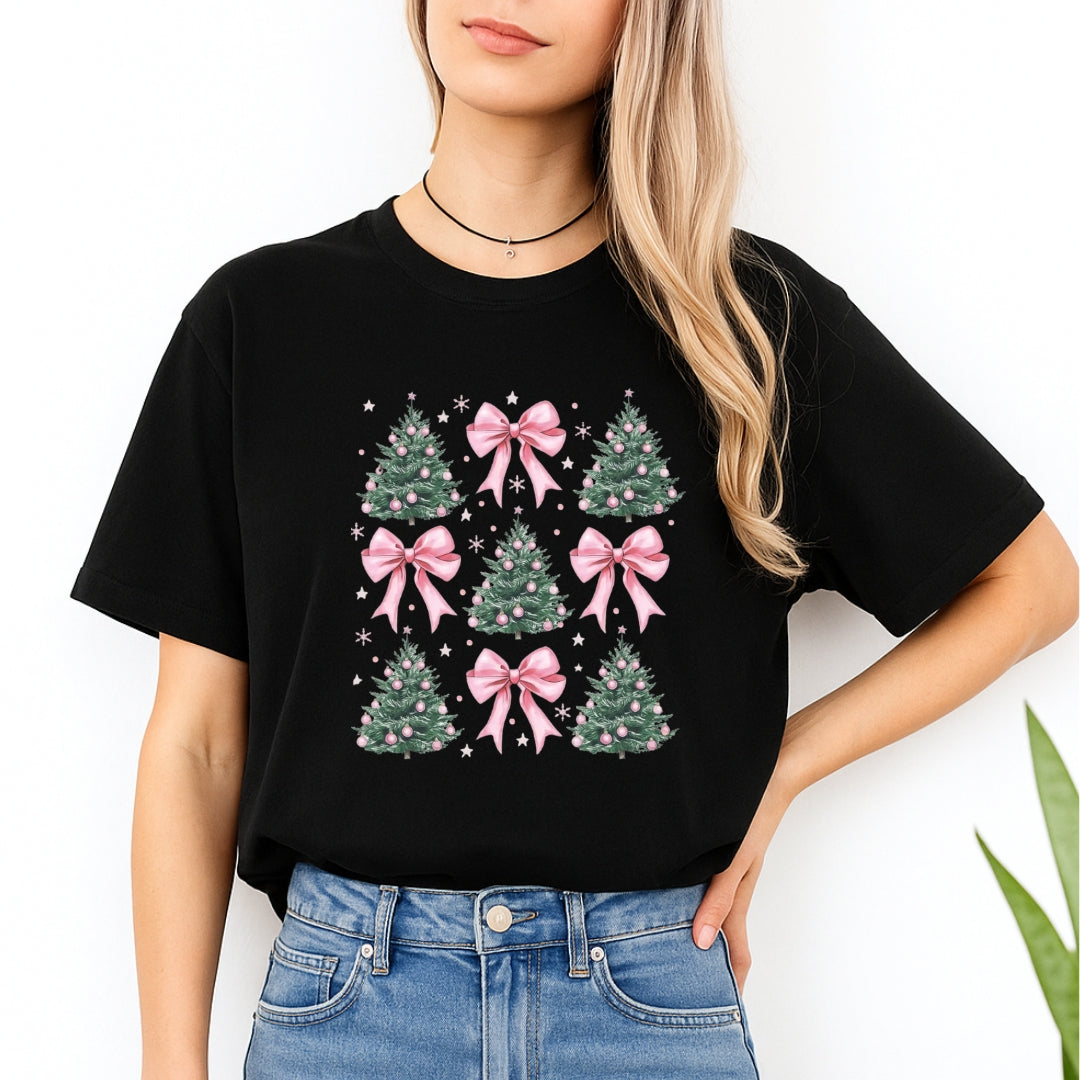 Holiday Shirt -Pink Bow Christmas Trees Graphic