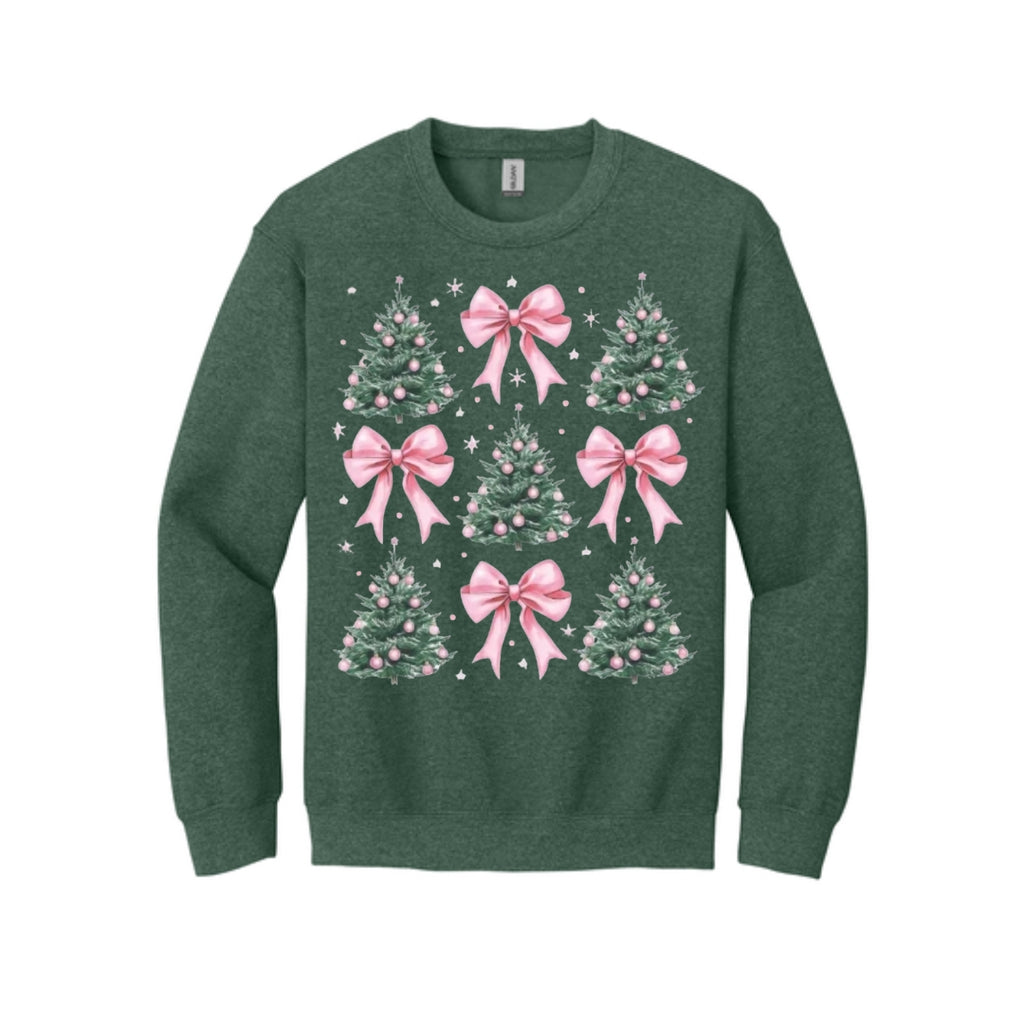 Holiday Crewneck Sweatshirt- Pink Bow Christmas Trees Graphic