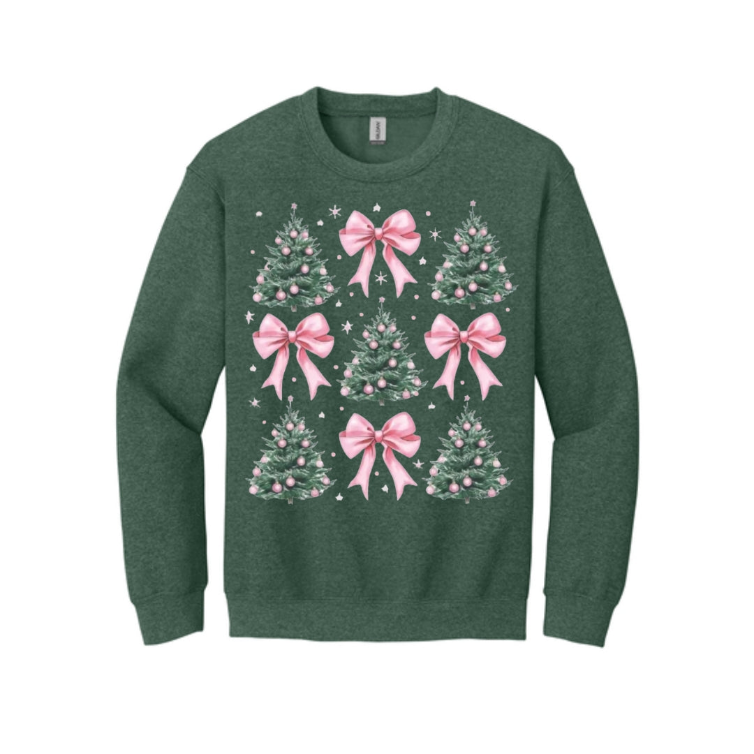 Holiday Crewneck Sweatshirt- Pink Bow Christmas Trees Graphic