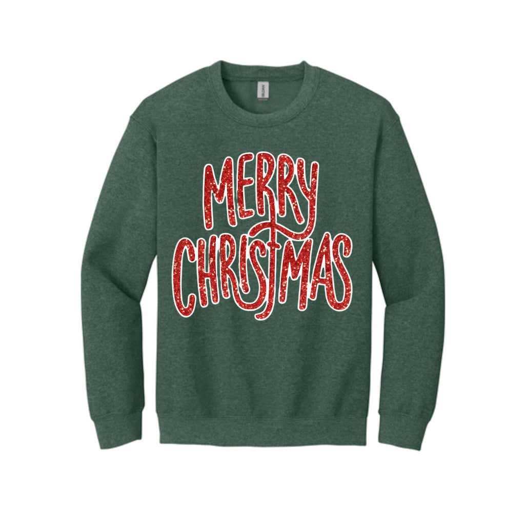 Holiday Crewneck Sweatshirt-“Merry Christmas” Glitter Script Design