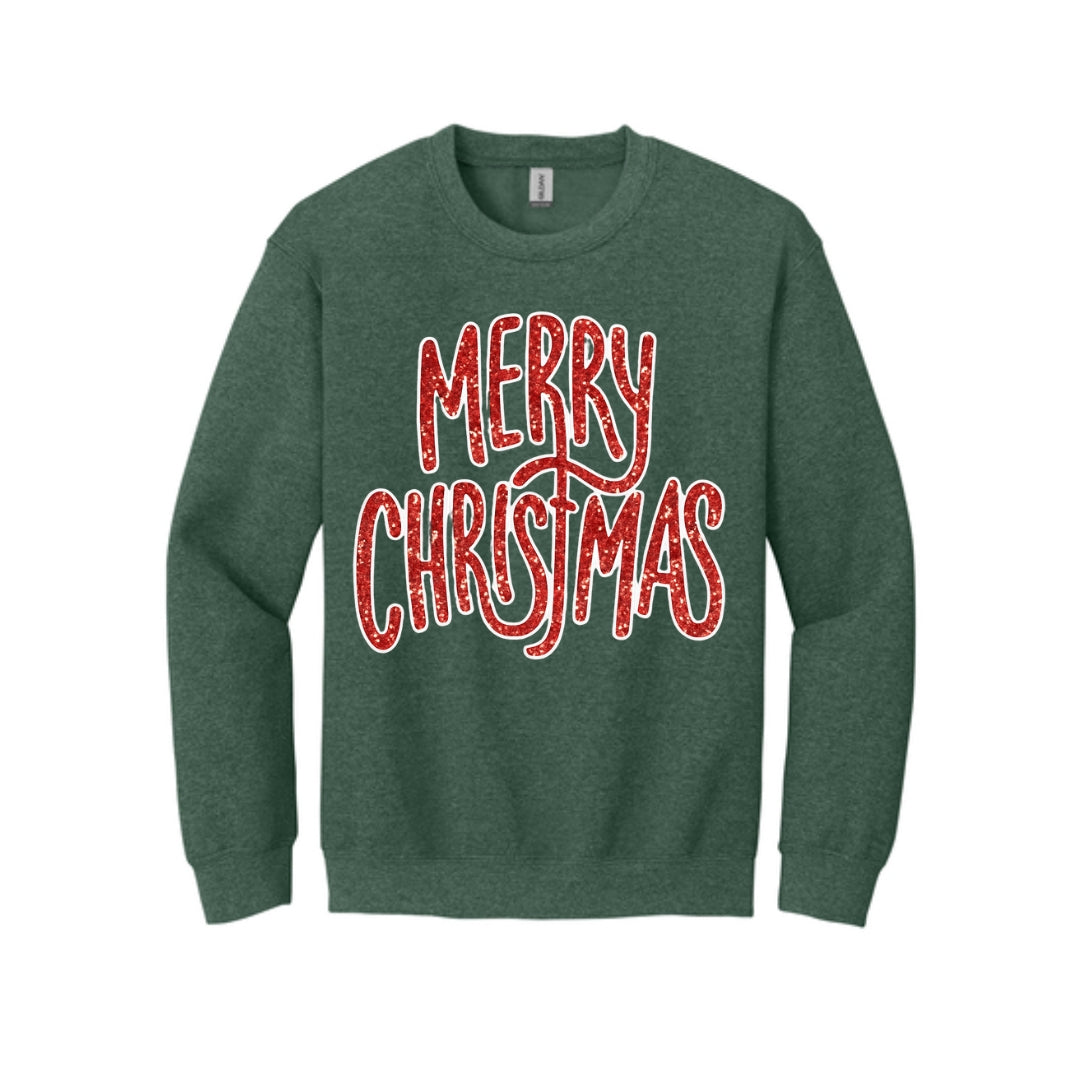 Holiday Crewneck Sweatshirt-“Merry Christmas” Glitter Script Design