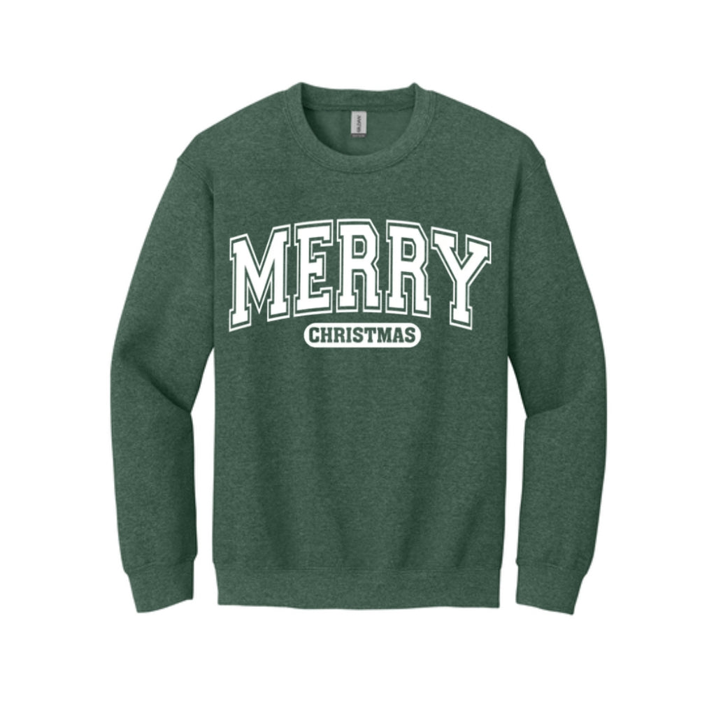 Holiday Crewneck Sweatshirt-Bold “Merry Christmas” Holiday Apparel – Classic Varsity Style Christmas Design