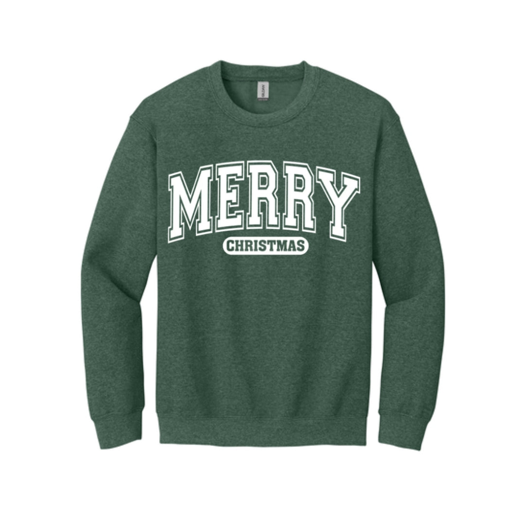 Holiday Crewneck Sweatshirt-Bold “Merry Christmas” Holiday Apparel – Classic Varsity Style Christmas Design