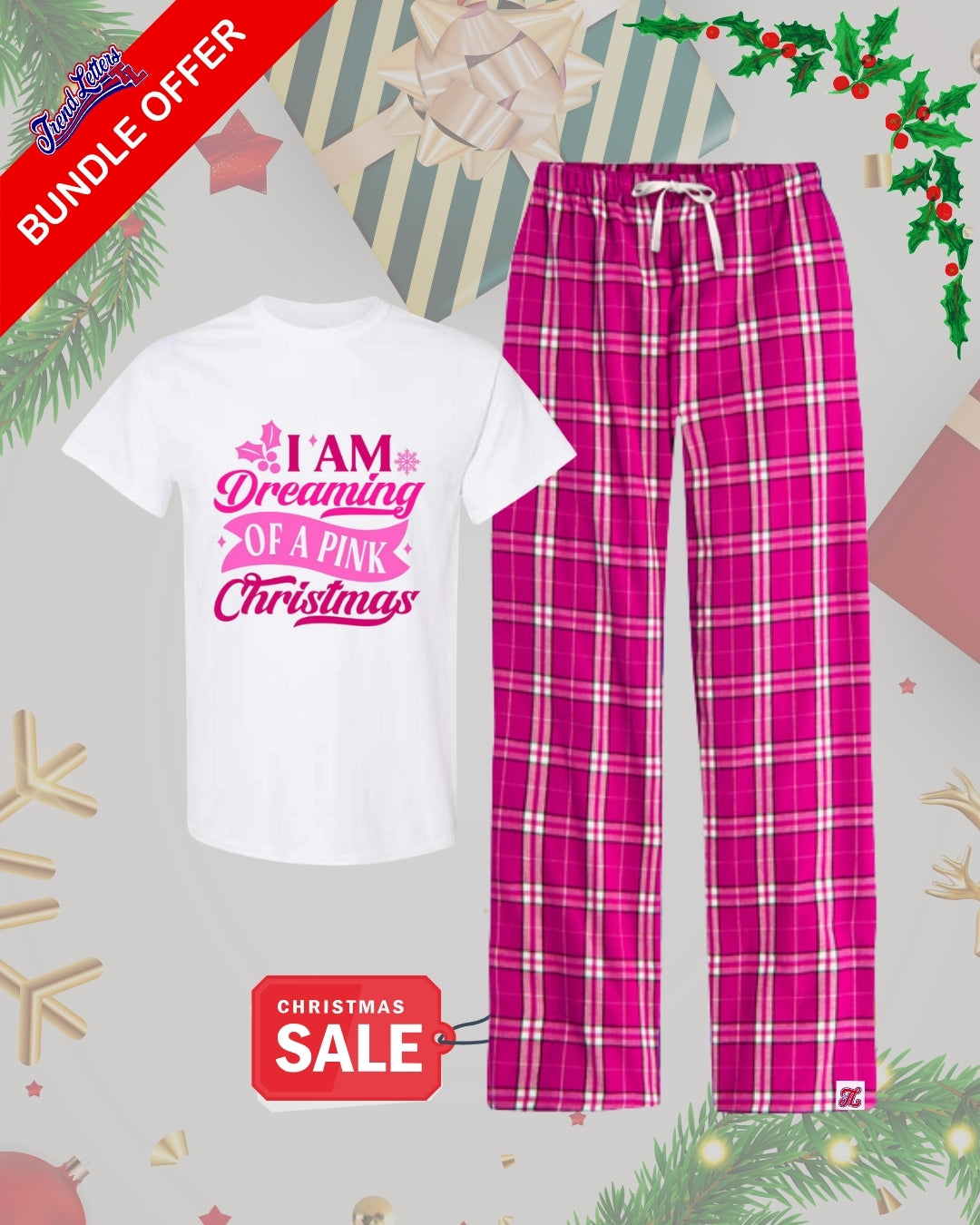TL Holiday Bundle - “Pink Christmas Dreams” Holiday Pajama Bundle – Festive Graphic Tee & Cozy Magenta Plaid Lounge Pants