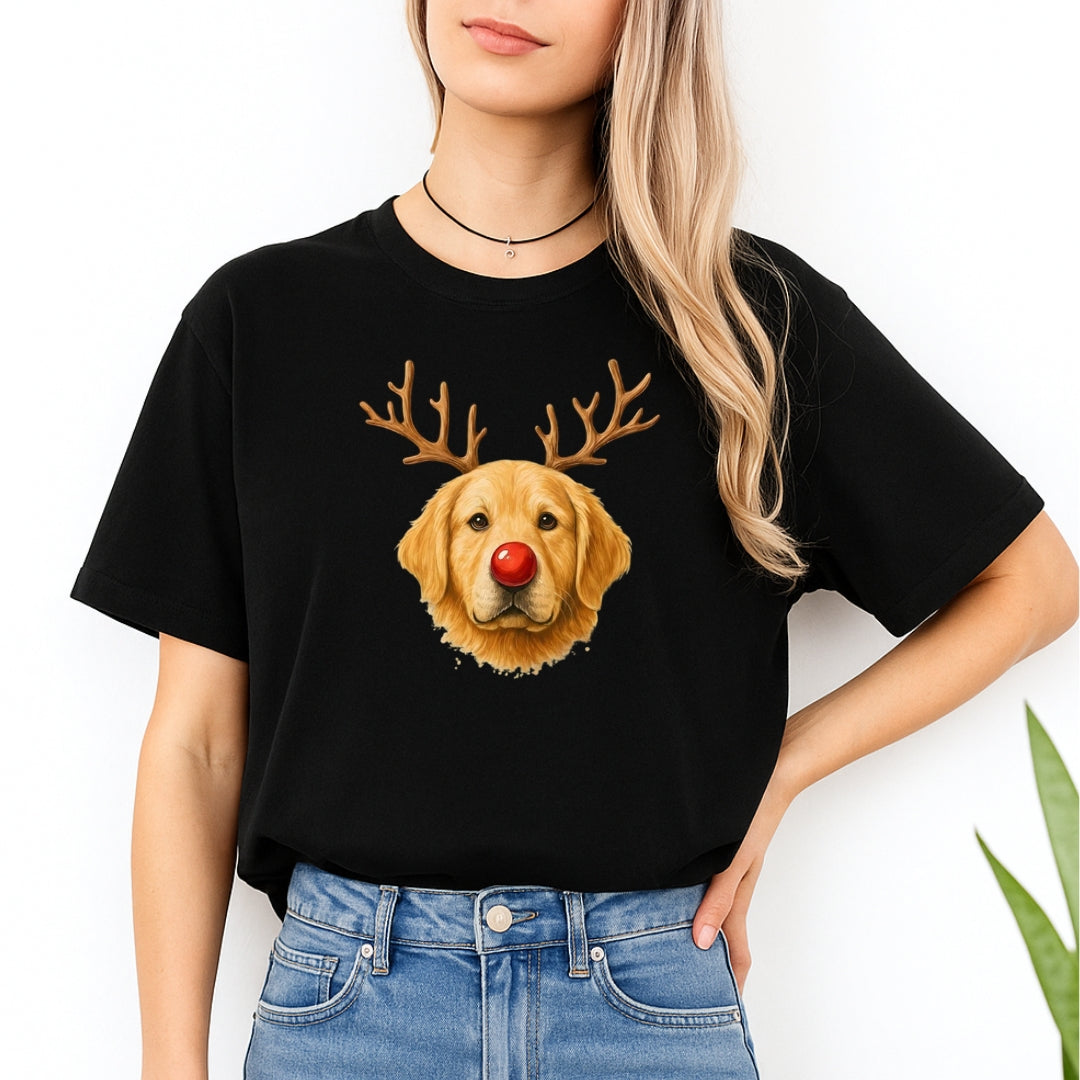 Merry & Furry Tees:Reindeer Golden Retriever Christmas Design – Cute Holiday Dog Graphic