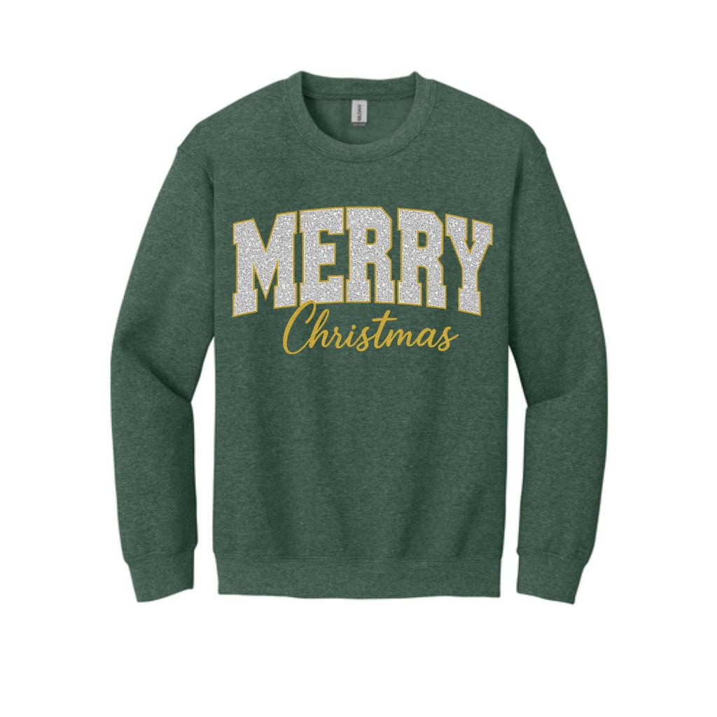 Holiday Crewneck Sweatshirt-“Merry Christmas” Glitter Varsity Design