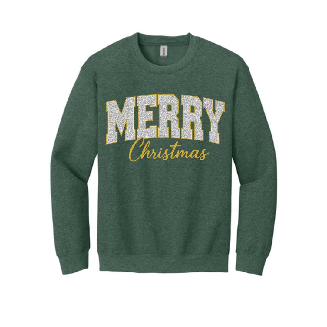 Holiday Crewneck Sweatshirt-“Merry Christmas” Glitter Varsity Design