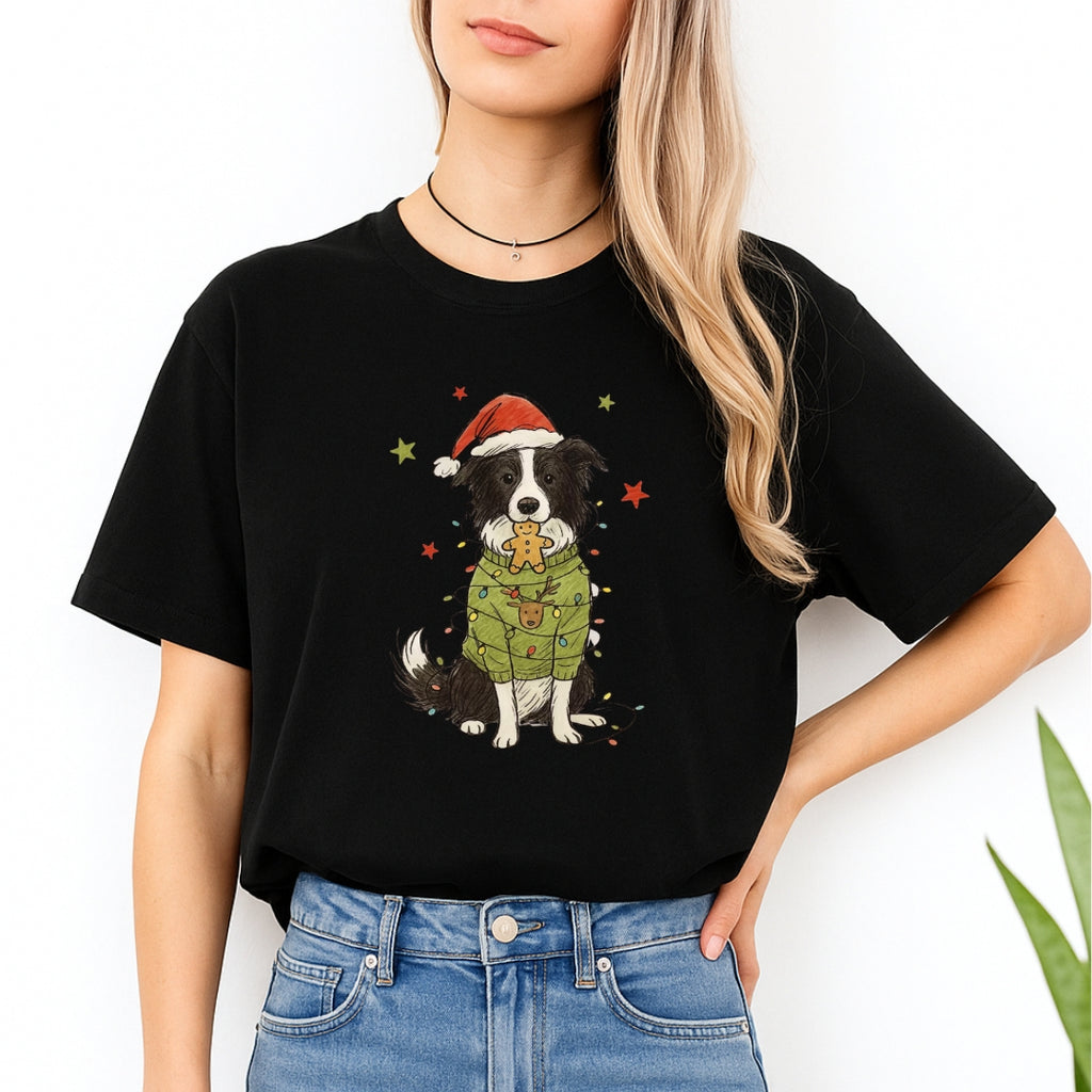 Merry & Furry Tees: Border Collie Christmas Lights Design – Cute Holiday Dog Lover Gift