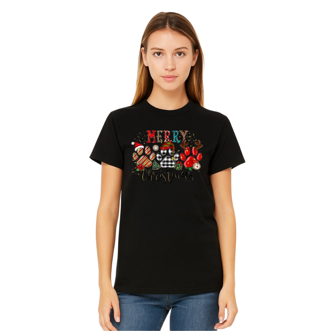 Merry & Furry Tees: Merry Christmas Paw Print Buffalo Plaid Holiday Apparel – Cute Festive Dog Lover Design