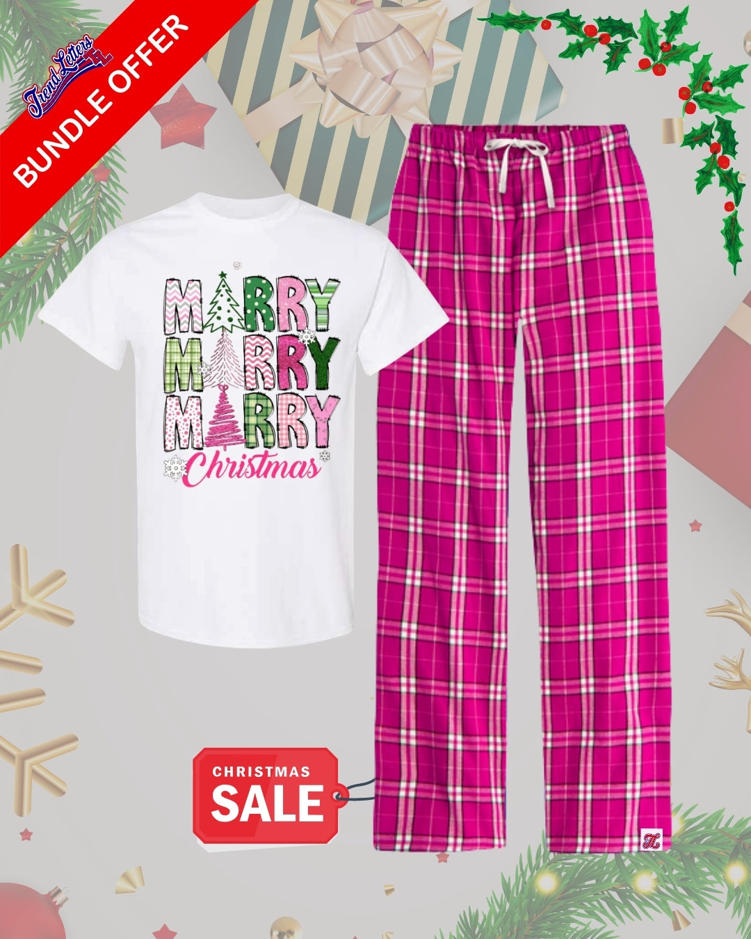 TL Holiday Bundle - Pink Plaid “Merry Merry Christmas” Holiday Pajama Bundle – Festive Graphic Tee & Cozy Lounge Pants