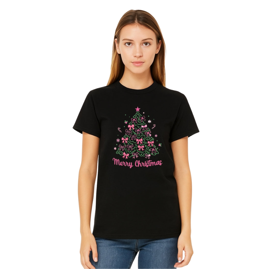 Holiday Shirt -Merry Christmas Pink Bow Tree Graphic