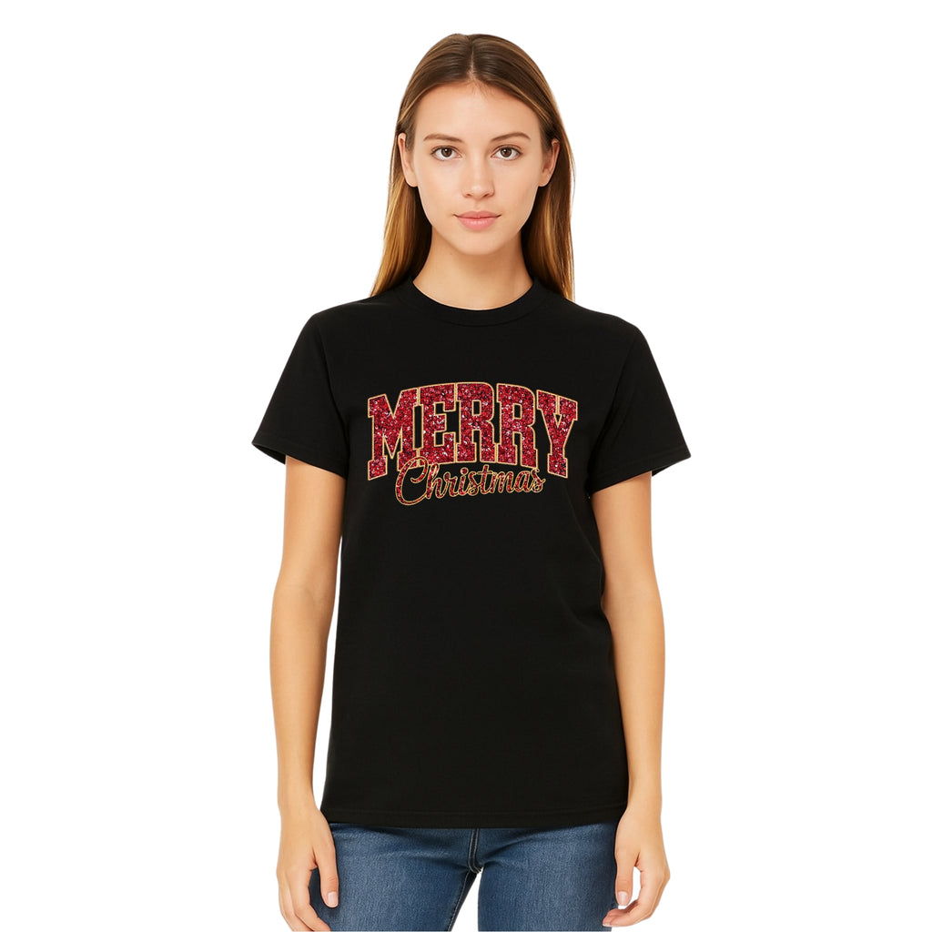 Minimalist Holiday Shirt - “Merry Christmas” Glitter Varsity Design
